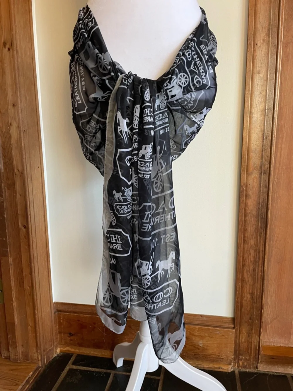 COACH Black and White Logo Horse & Carriage Print Silk Oblong Scarf